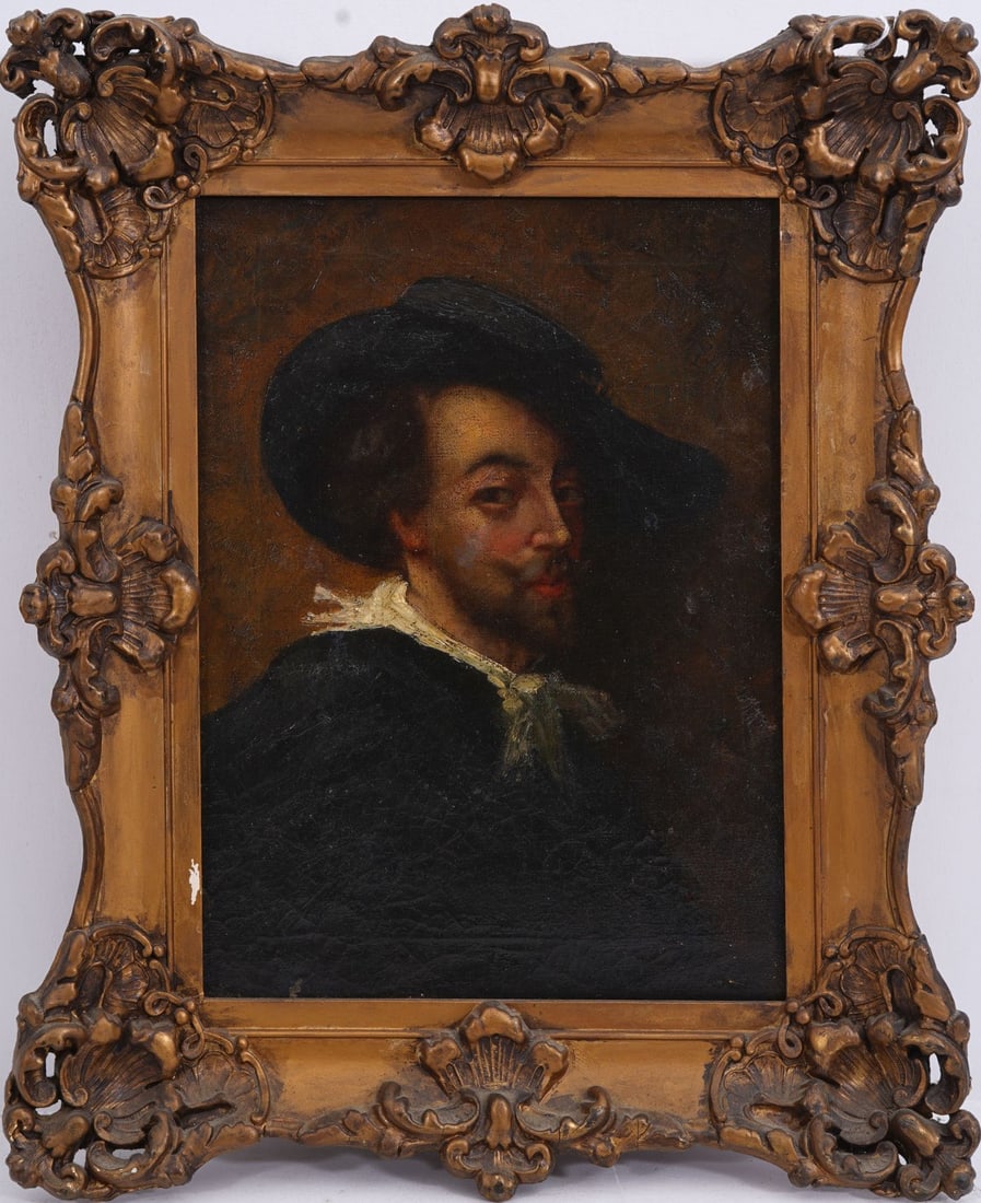 Antique portrait of a man with a hat, oil on canvas, old wax lining crackle or in a gilt frame. (1 of 4)