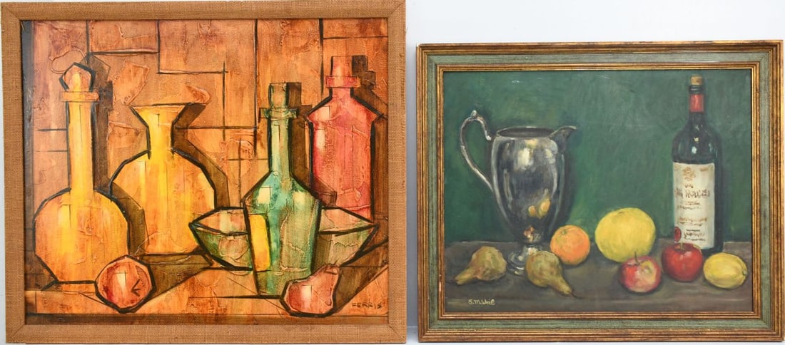 S.M. Weil- oil on artist board still life- fruits, pitcher, and wine bottle. 16 x 20 inches. (1 of 5)