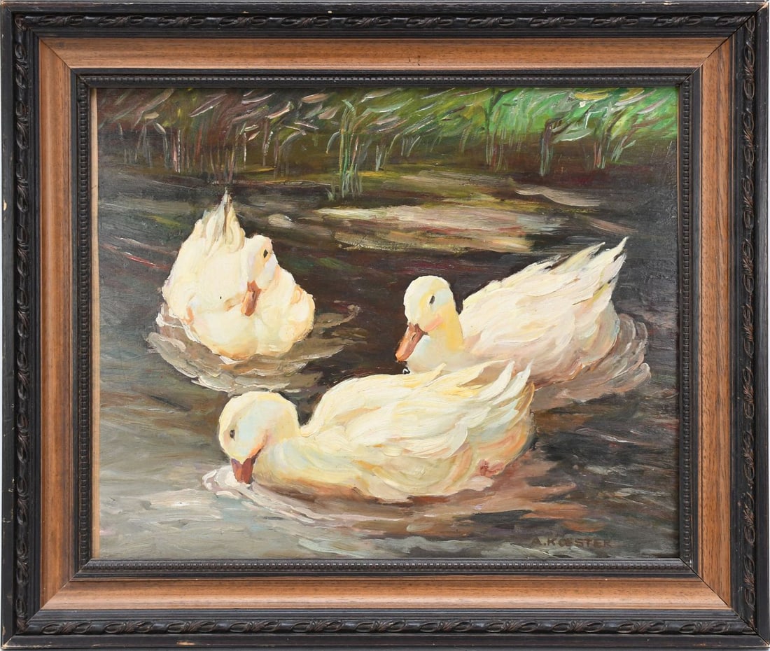 Alexander Koester (German, 1864-1932) oil on board, ducks painting, 17 x 20 inches. overall frame (1 of 6)