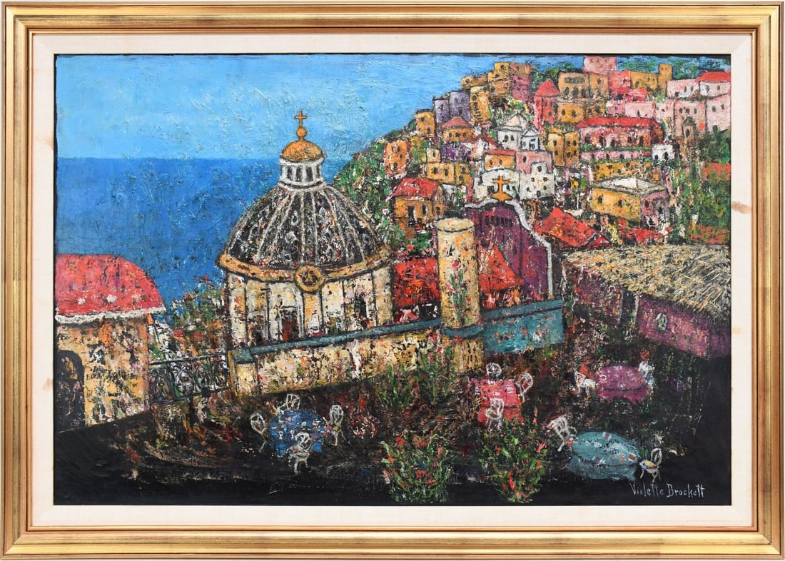 Violette E. Brockett Oil on canvas, Italian Riviera Positano Italy. 24x 36 inches, overall framed: Violette E. Brockett Oil on canvas, Italian Riviera Positano Italy. 24x 36 inches, overall framed size 29-1/2 x 42 inches.