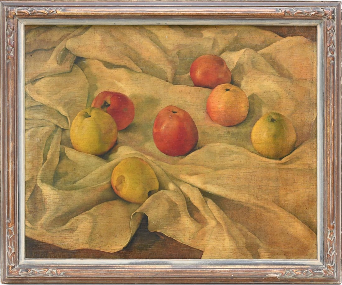 American School, Mid Century oil on board, Still Life Apples on tablecloth signed illegibly lower: American School, Mid Century oil on board, Still Life Apples on tablecloth signed illegibly lower left. 22-1/4 x 26-1/4 inches.