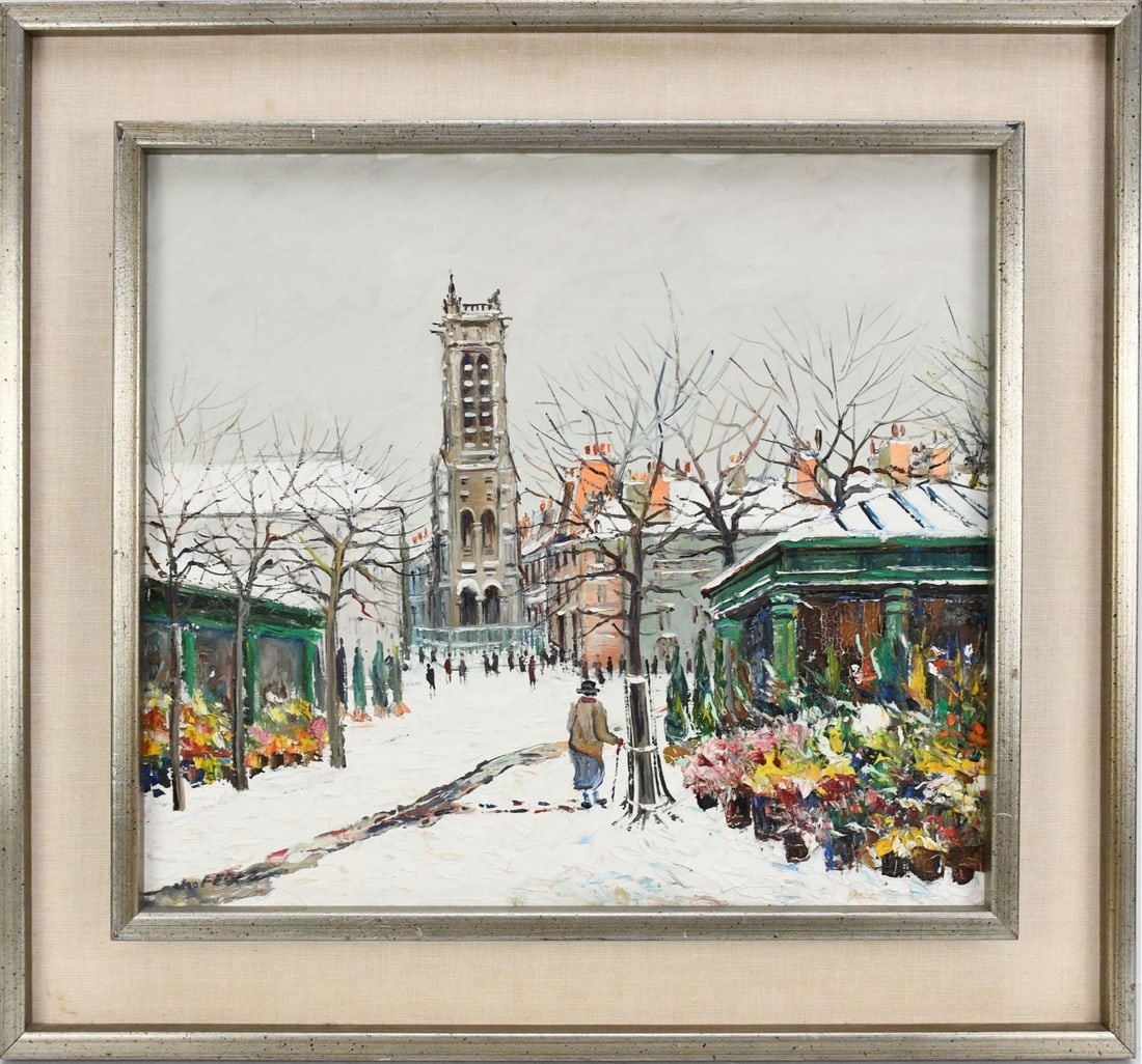 Charles Feola (French 1917-1994) oil on canvas, Winter Village Street Scene, canvas 118 x 21 inches (1 of 6)