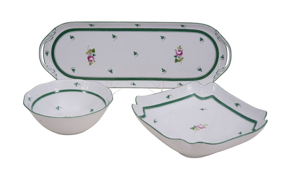 3 Herend Porcelain Pcs; Vienna Rose Pattern, Bowl (2 3/4"h x 8"dia), Square Serving Dish (2 1/4"h x (1 of 8)