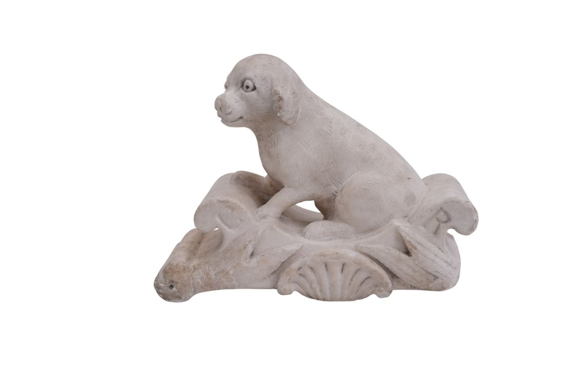 Antique Marble Sculpture, Dog on Bench, Impressed Letter "R", 8"h x 10"w x 4"d (1 of 7)