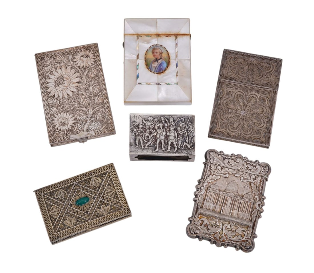 6 Antique Miniature Silver Pieces, Match Box cover with Soldiers in Relief, Mother of Pearl Card (1 of 9)