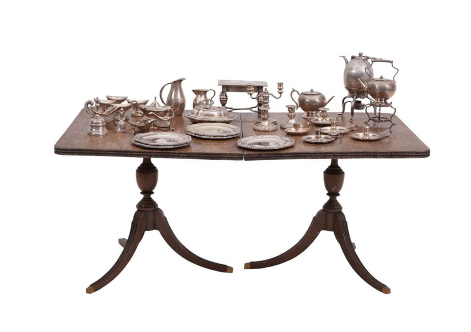 Dollhouse Size Double Pedestal Dining Room Table With Silver Miniature Tableware's, All Sterling, (1 of 14)