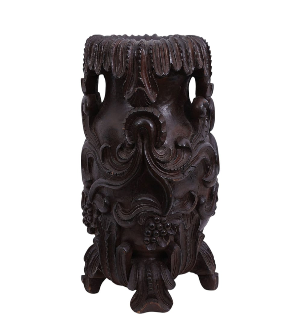 Antique Elaborately Carved Wood Umbrella Stand, 21"h x 11"w (1 of 5)