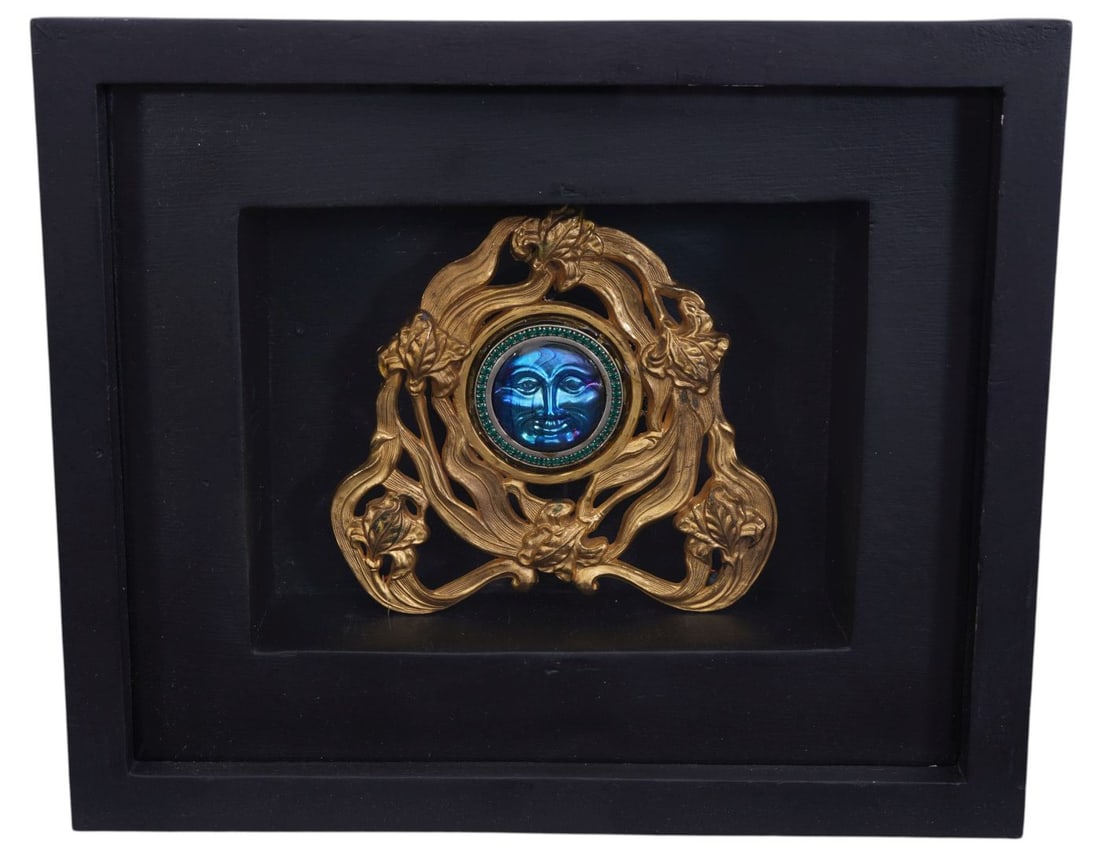 Bronze & Tiffany Style Iridescent Center Medallion Surrounded by Green Crystals in Shadow Box Frame, (1 of 3)