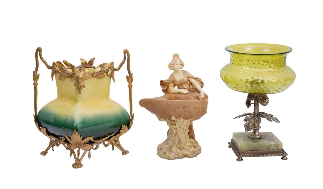 3 Objects d' Art, Teplitz Figure with Shell (8"H x 5"w) Secured Pottery Yellow & Green Vase in (1 of 13)