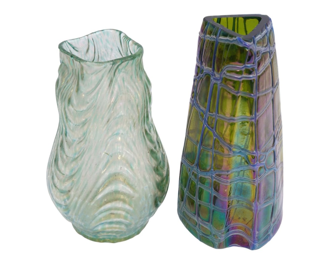 2 Vintage Loetz Vases, One Triangular (7"h x 6"w) (1 of 5)