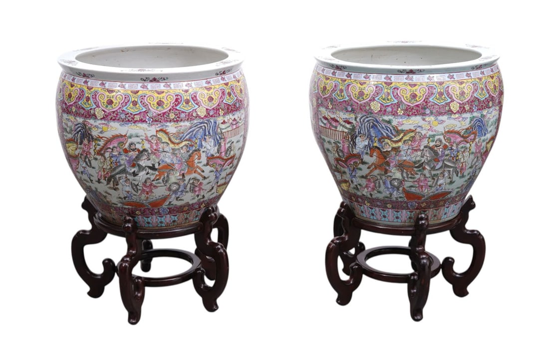 Two Palace size Famille rose Fish Bowls with separate stands Hight with stands 35" high, without (1 of 16)