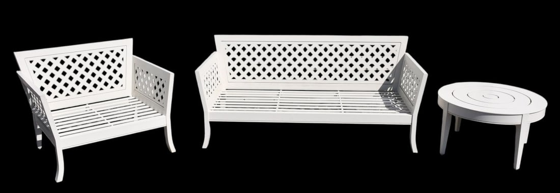 MCKINNON + HARRIS, MCKINNON + HARRIS, 3 Pcs. Incl; Sofa Armchair & Side Table: MCKINNON + HARRIS, 3 Pieces White Incl; Small Sofa (30"h x 67"w x 30 3/4"d) Large Armchair & Side Table (17"h x 30"dia) Powder-Coated Aluminum