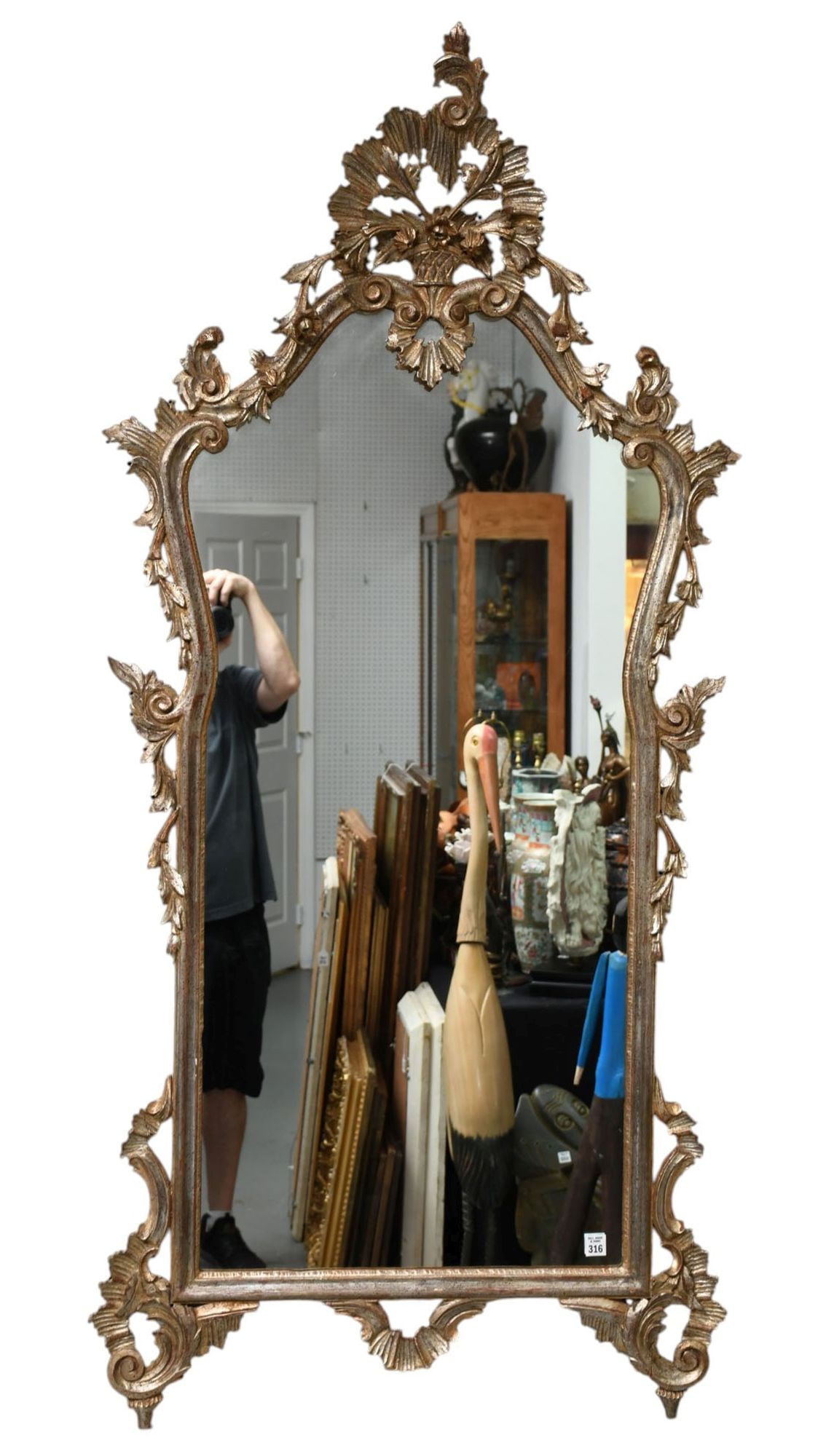Silvered Regency Style Framed Mirror, Floral Basket at Crest, 65"h x 31"w (1 of 5)