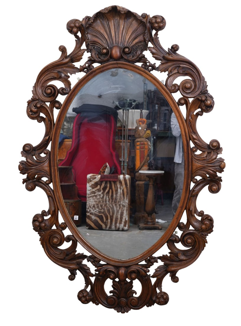 Huge Oval Carved Mahogany Mirror, Circa 1900, Exaggerated Acanthus Leaf & Shell Motif, 75"h x 52"w (1 of 5)