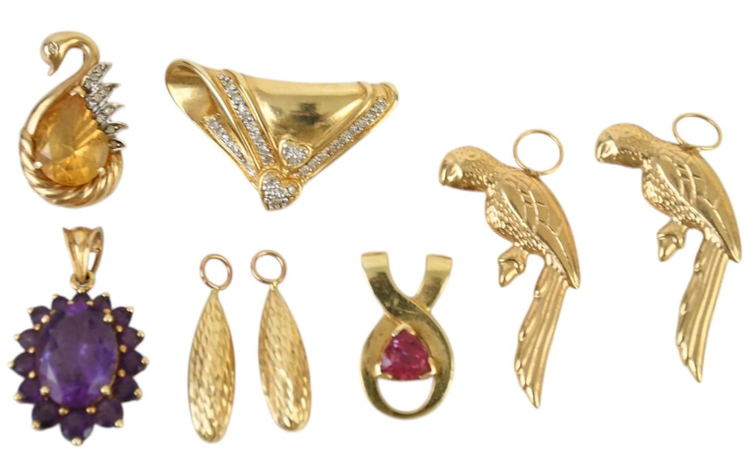 14K Yellow Gold Pendants & Earring Charms. Wt, 28.8 grams Swan Pendant, Amethyst Pendant, 2 slide (1 of 5)