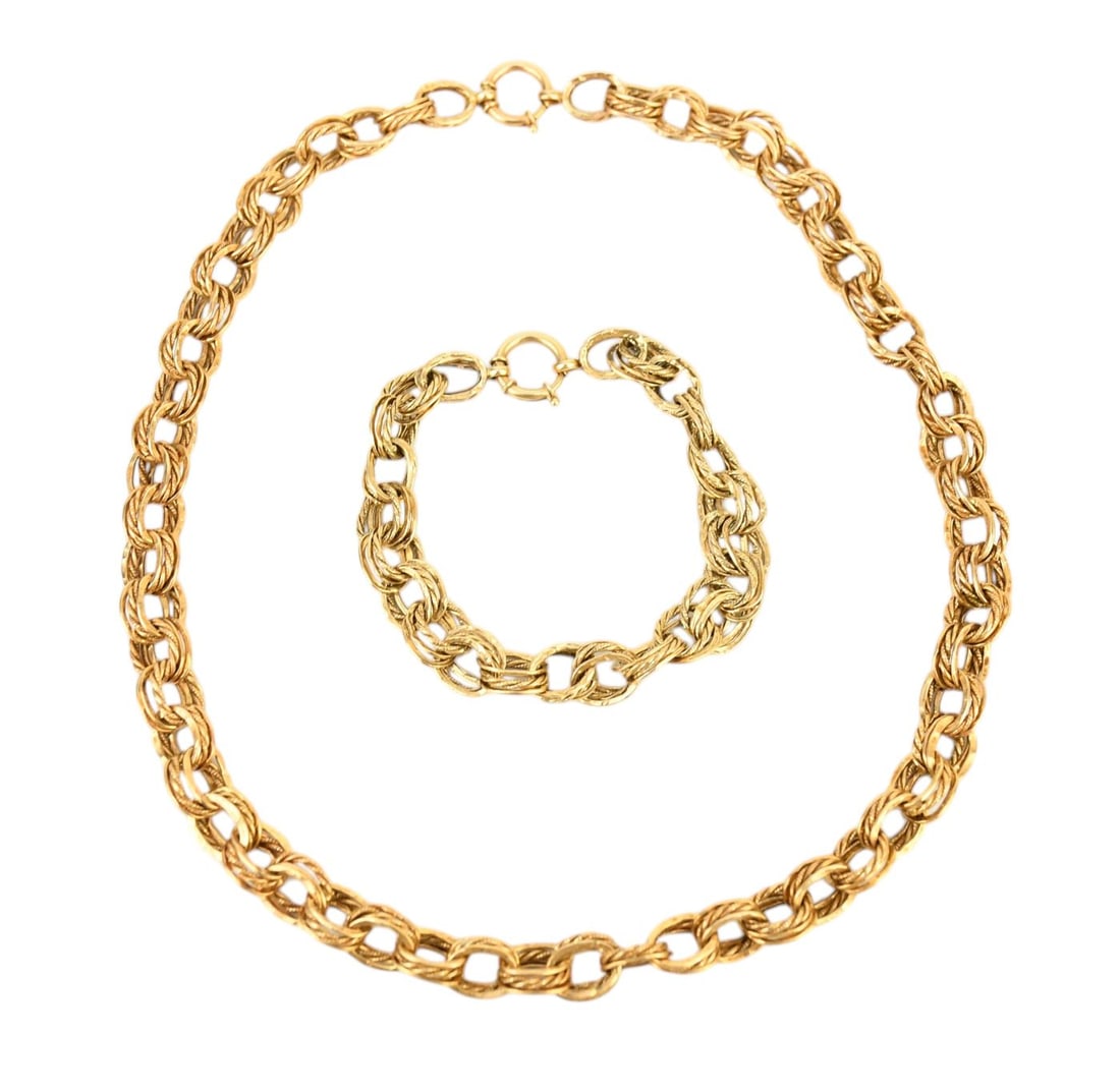 14K Yellow Gold Matching Triple Link Necklace & Bracelet. Wt. 27.5 grams Necklace 18.5" bracelet .5" (1 of 4)