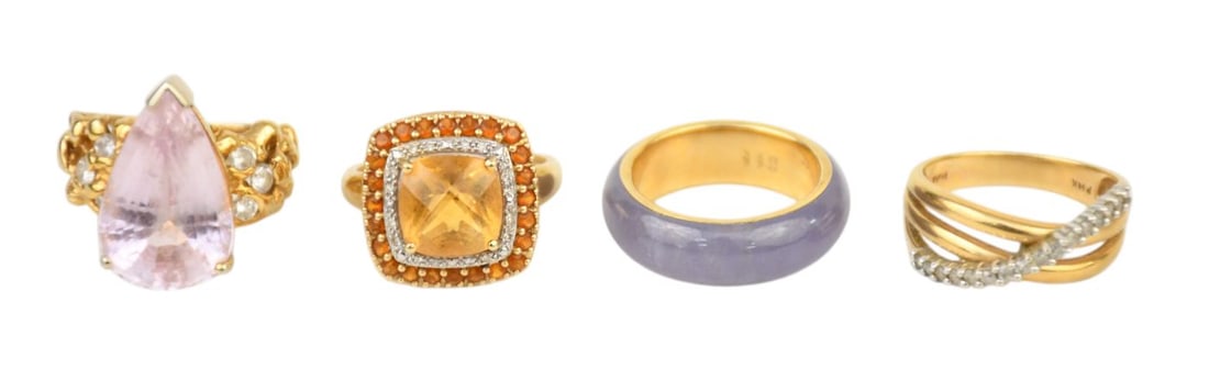 4 - 14K Yellow Gold Rings. Morganite, citrine, Diamond Accents, Jade. Size 8.5 - 9.5. wt. 25.6 grams (1 of 7)
