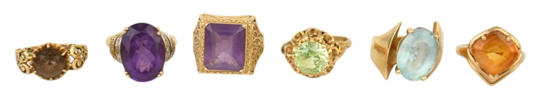 6- 14K Yellow Gold Rings. Amethyst, Citrine, Quarts. Size 6.5 - 10.5. Wt. 41.92 (1 of 7)
