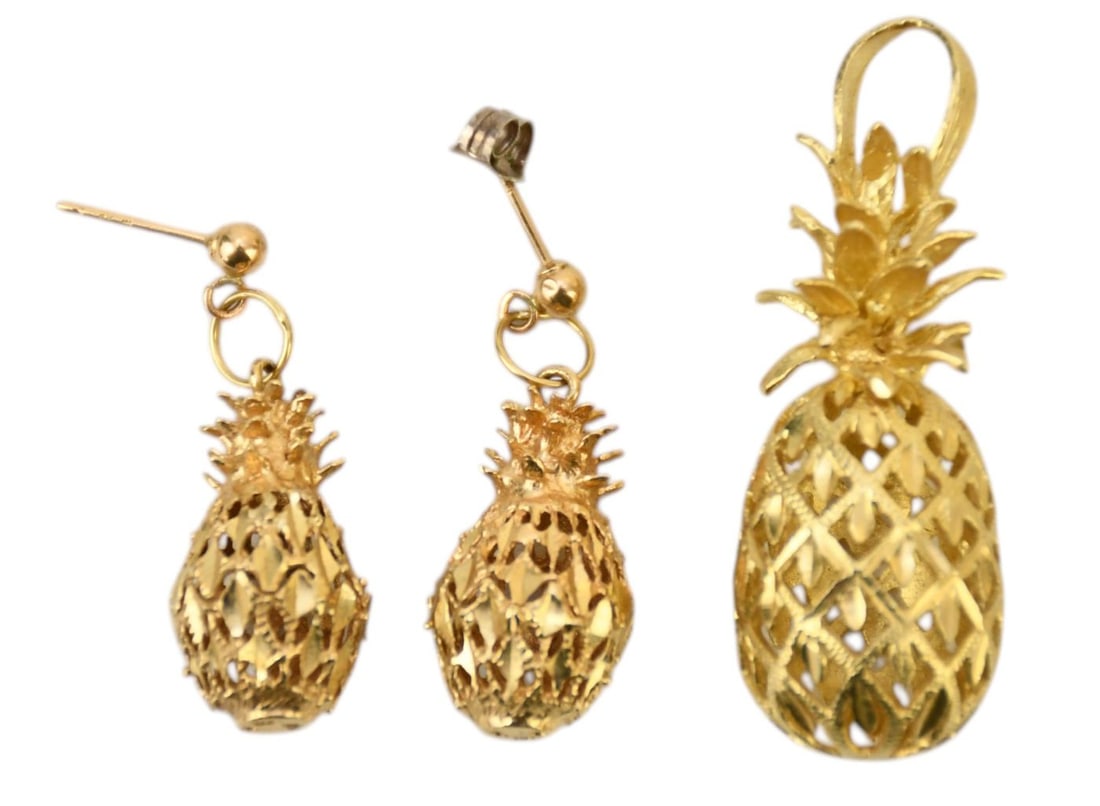 14K Yellow Gold Pineapple Pendant 7 Earrings. Wt. 9 grams Pendant 1.5" earrings 1" (1 of 3)