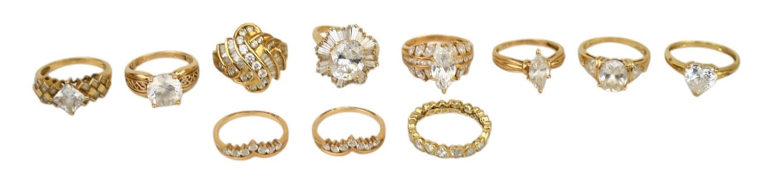 11 - 14K yellow Gold CZ Rings. Size 8 -9.5, Wt. 50 grams (1 of 9)