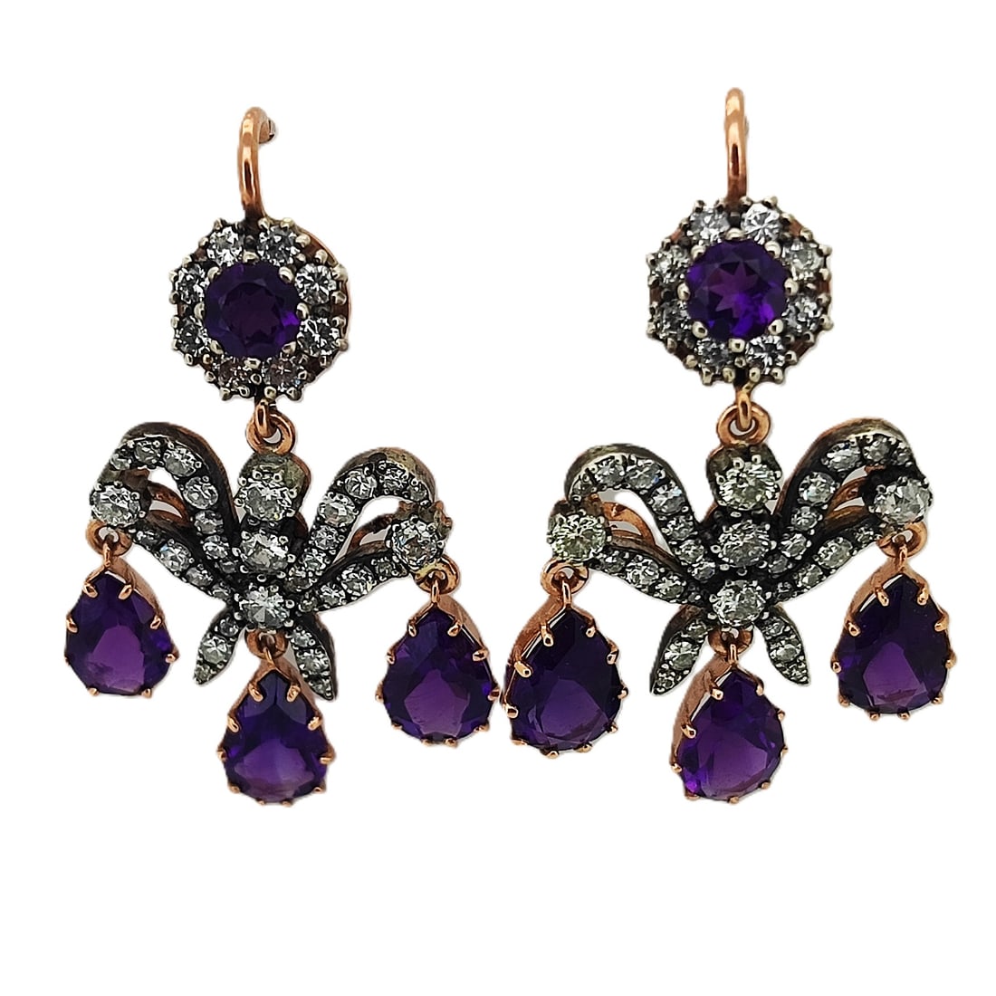 Vintage Imperial Era Rose Gold Diamond Amethyst Earrings. Total weight. 10.90 grams. Dimensions. L: Vintage Imperial Era Rose Gold Diamond Amethyst Earrings. Total weight. 10.90 grams. Dimensions. L 40.97 mm. W 26.40 mm. Russian hallmarks. 56 KF Cyrillic. $2900.