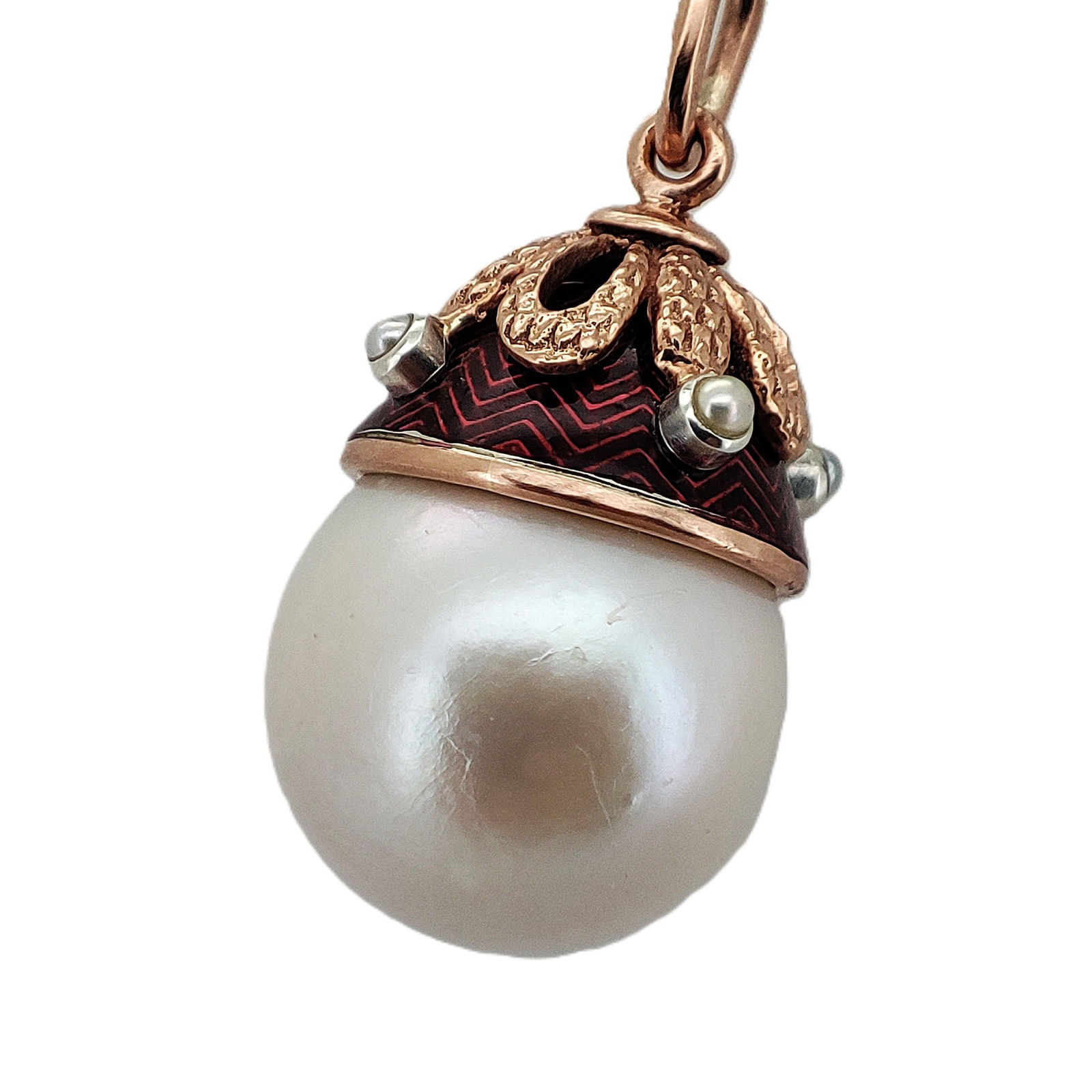Vintage Imperial Era Rose Gold Enamel Pearl Easter Egg: Vintage Imperial Era Rose Gold Enamel Pearl Easter Egg Pendant. Total weight. 7.8 grams. Dimensions. L 30.40 mm. W 14.85 mm. Russian hallmarks. 56 KF Cyrillic.