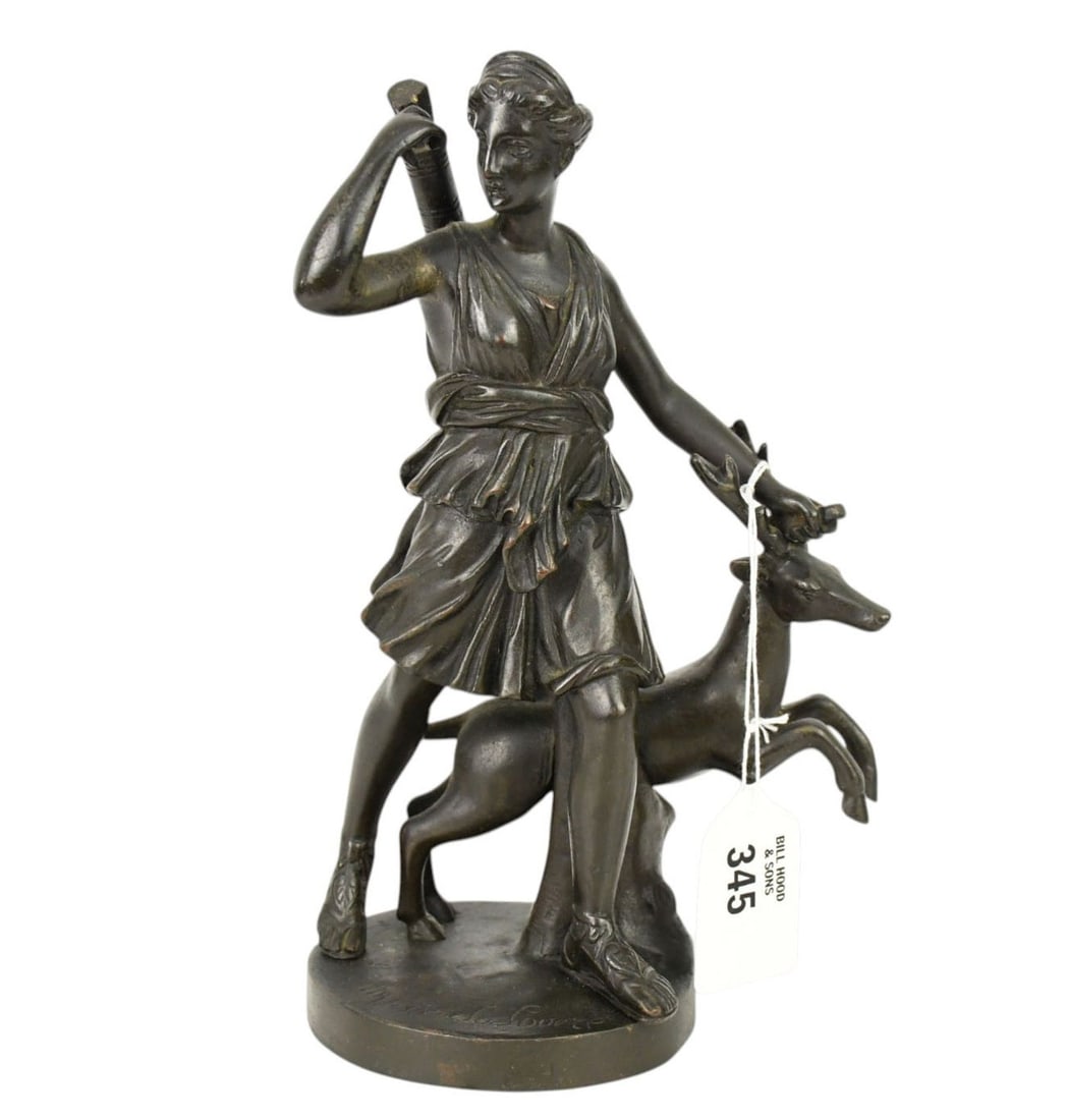 Bronze Sculpture of Roman goddess "Diana The Huntress" Depicted with Small Deer, Reproduction of: Bronze Sculpture of Roman goddess "Diana The Huntress" Depicted with Small Deer, Reproduction of Famous Statue, Musse de Louvre, 10"h x 7"w