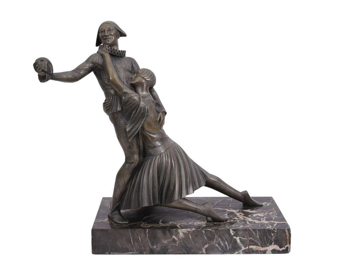 Antique Deco Bronze Jester & Maiden in Theatrical Dance, Illegible Signature on Marble Base, 13 (1 of 8)