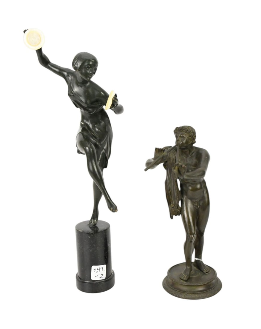 2 Bronze Sculptures, "Pan" Playing Flute (11"h x 4"w) AND Art Deco Dancer on Black Marble Pedestal,: 2 Bronze Sculptures, "Pan" Playing Flute (11"h x 4"w) AND Art Deco Dancer on Black Marble Pedestal, 17"h x 5"w