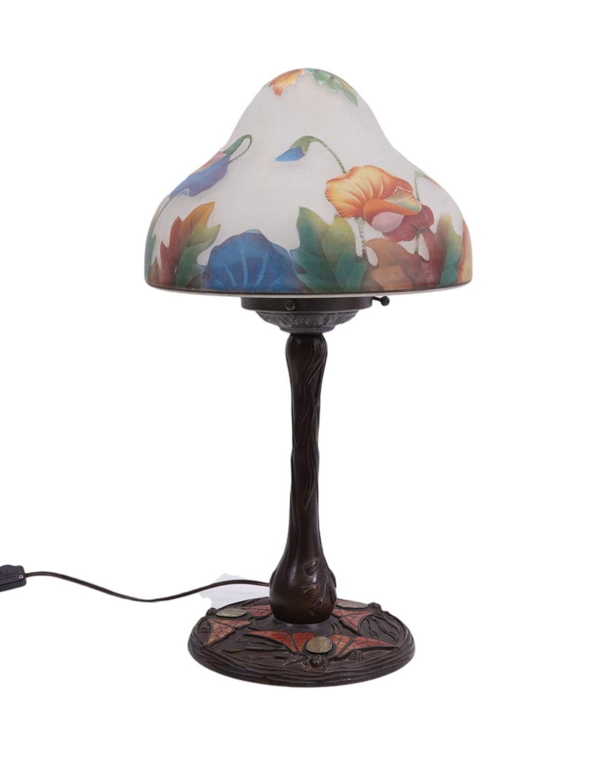 Bronze Lamp, Base Has 3 Inlay Glass Moths with Frosted & Carved Shade Leaves & Flowers, 24"h (1 of 9)