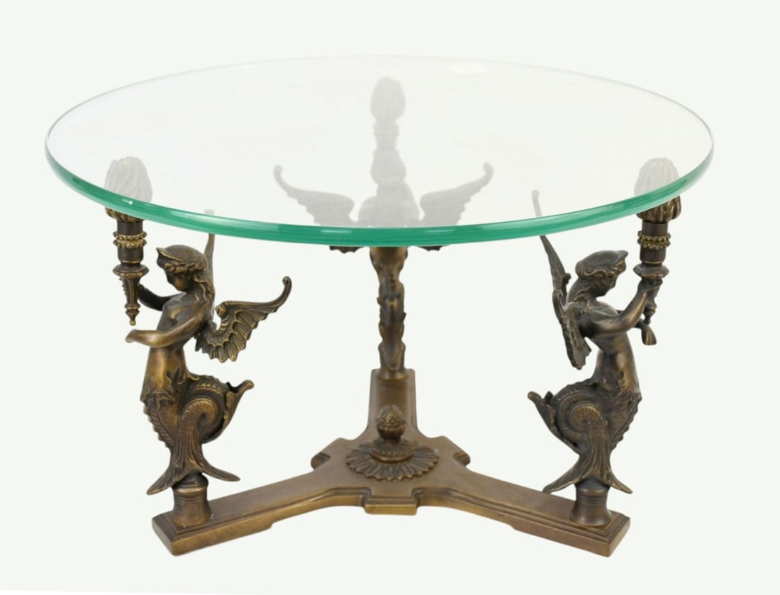 Bronze Neoclassical style angle/3 cupids, Center Piece with glass top, glass 15-1/2 inch diameter. (1 of 3)