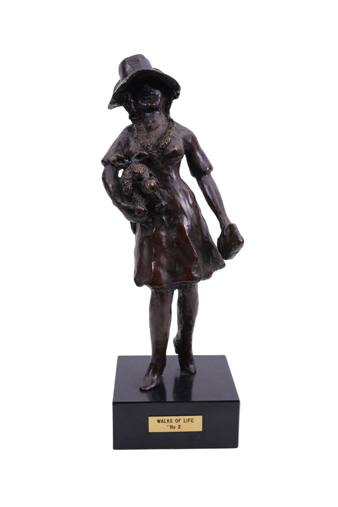 Bronze Gal with Dog Under Arm, Rube Goldberg, Label On Base "Walk of Life No. 2", 15"h x 5 1/2": Bronze Gal with Dog Under Arm, Rube Goldberg, Label On Base "Walk of Life No. 2", 15"h x 5 1/2" square Base