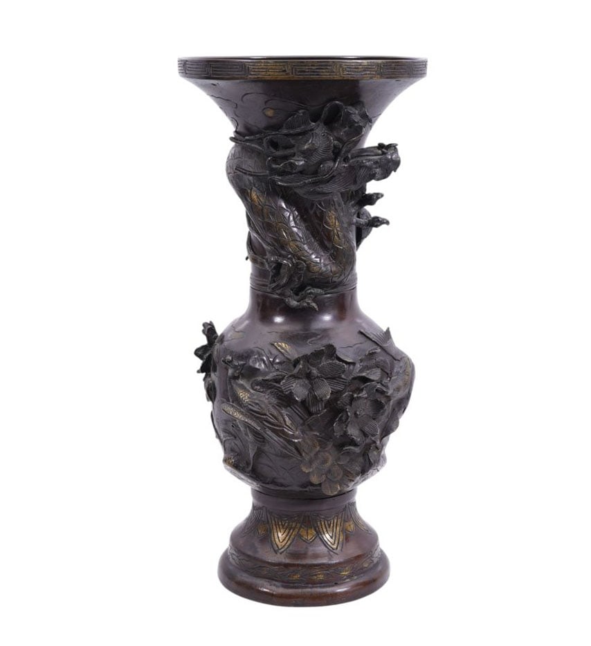 Asian Bronze Vase Embellished with Dragon & Flowers, 18 1/2"h x 9"w: Asian Bronze Vase Embellished with Dragon & Flowers, 18 1/2"h x 9"w