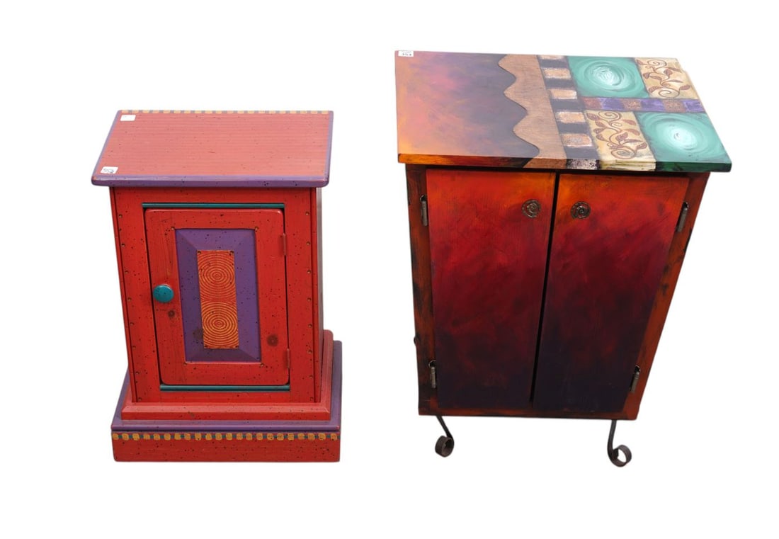 2 End Tables, Ultrared Zing 2001 (24"h x 16"w x 11"d) One Painted Top Over 2 Doors Multi Color with (1 of 9)