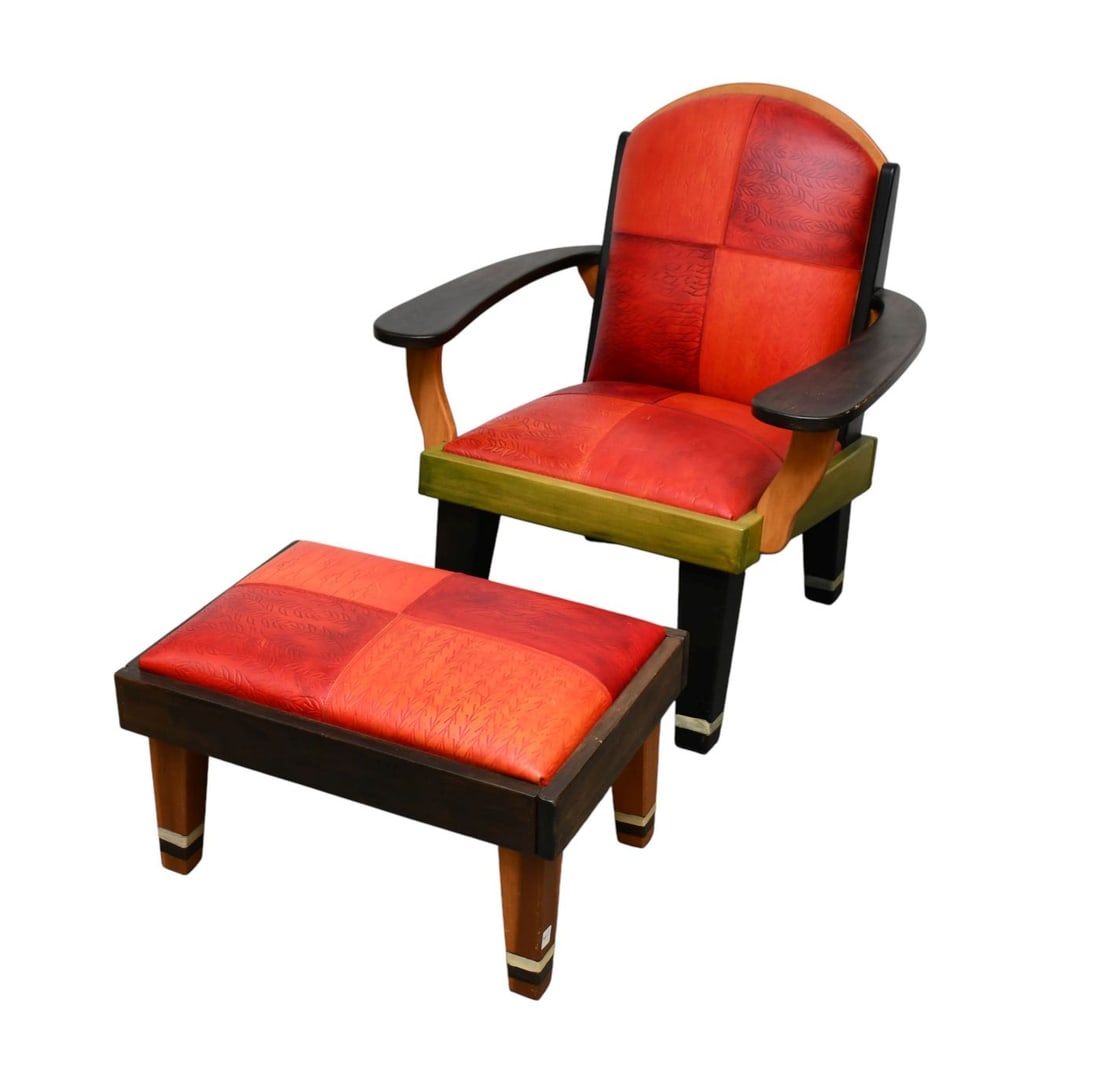 Sticks Inc. 1992, Studio Custom Armchair with Red Leather Patchwork Design Seat & Back, On Reverse (1 of 7)