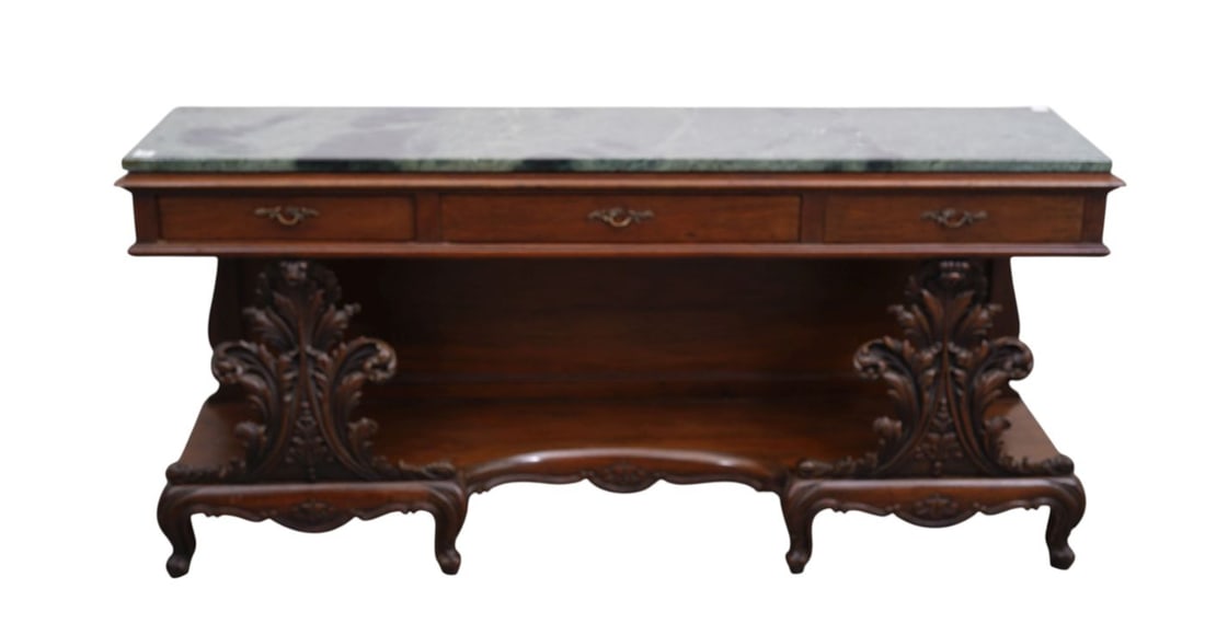 Heavily Carved Console, 3 Side by Side Drawers Over Carved Supports With Platform Base & Green (1 of 6)