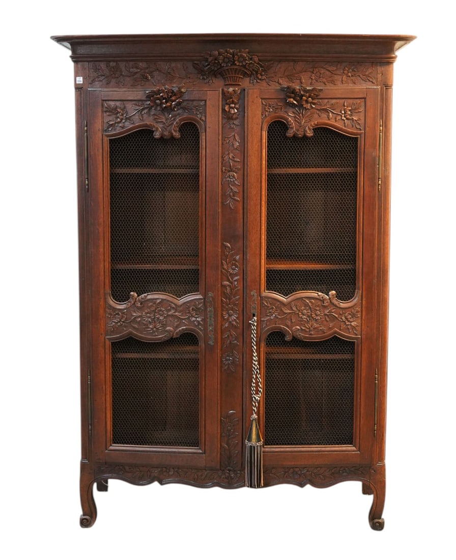 Country French Circa 1800's Walnut 2 Grid & Carved Cabinet Doors, Flower Basket & Vine Carving at (1 of 8)
