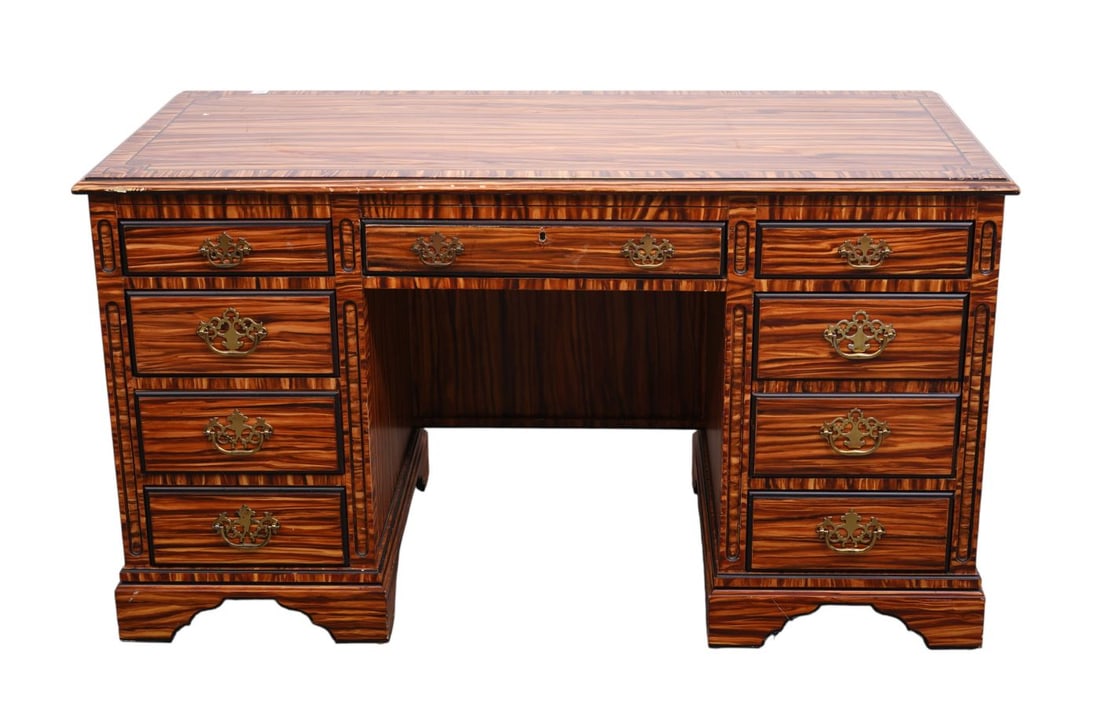 Kneehole 9 Drawer Writing Desk, Faux Wood Grain Painted, Chippendale Style Brass Hardware, 30"H x (1 of 7)