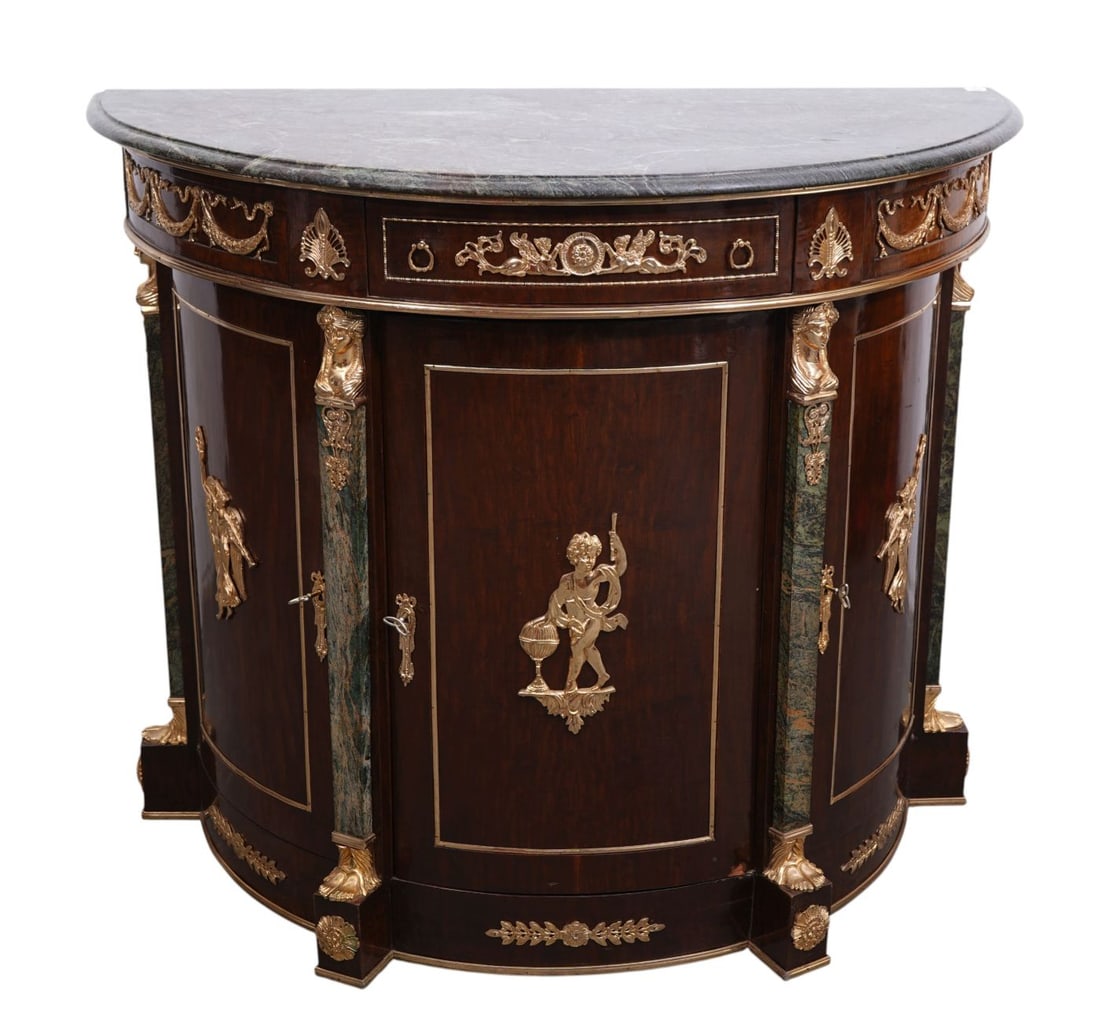 Fine Reproduction Demilune Console/Server With Gilt Metal Mounts, Green Marble Top & Stiles, 41"h x (1 of 7)