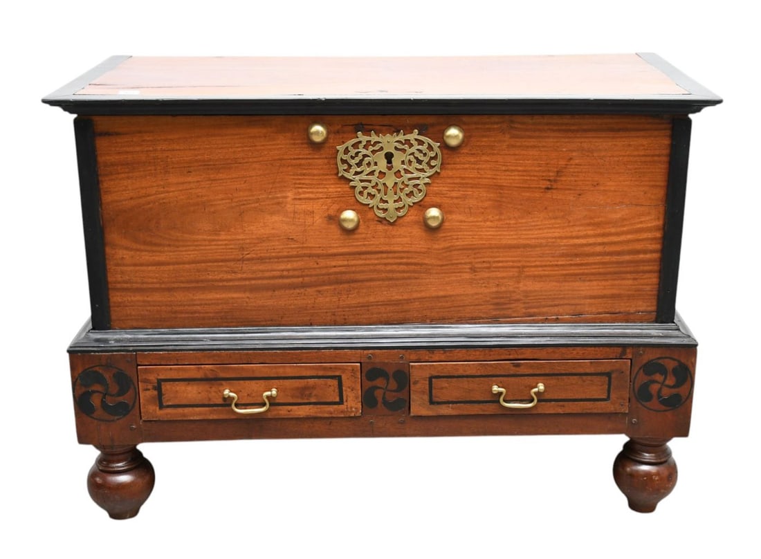 Continental 19th c. Refinished Trunk on Stand with 2 Drawers, Inlay At Base Corners & Brass Mounts (1 of 11)