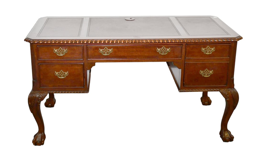 Mahogany Chippendale Style Writing Desk with Leather Surface Inserts, 5 Drawers On Ball & Claw Feet, (1 of 7)