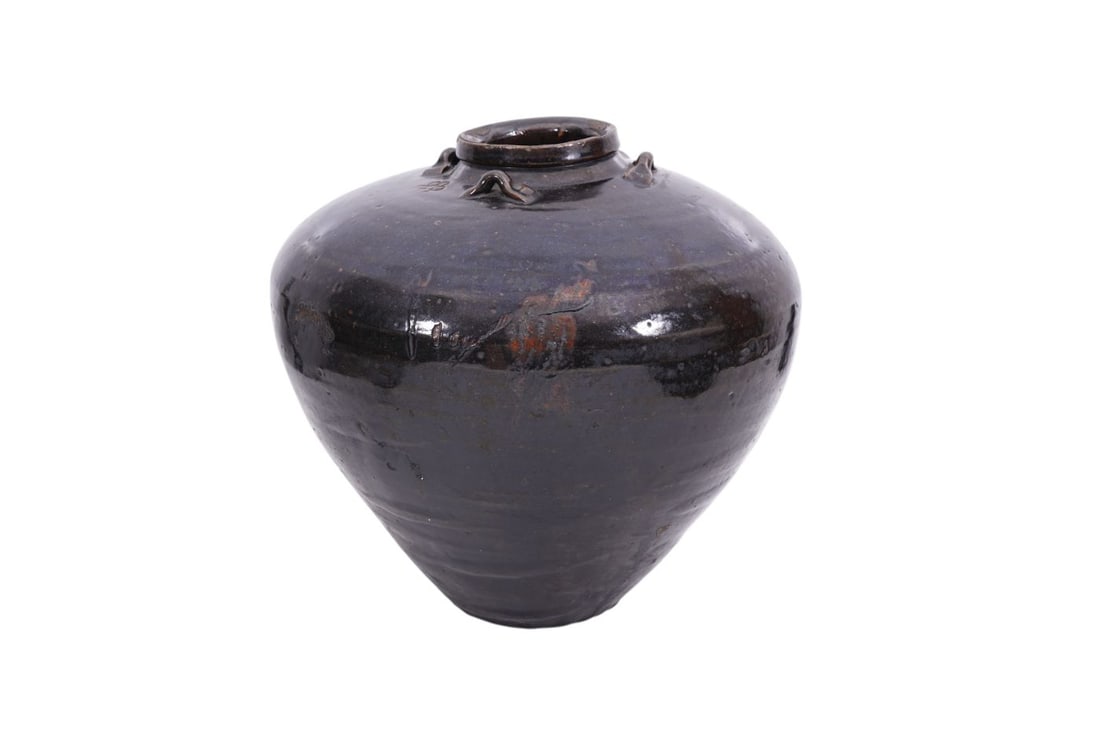 Ovoid Stoneware Crock with Brown Glaze, Stamped Circle Flower Daisy (1 of 8)