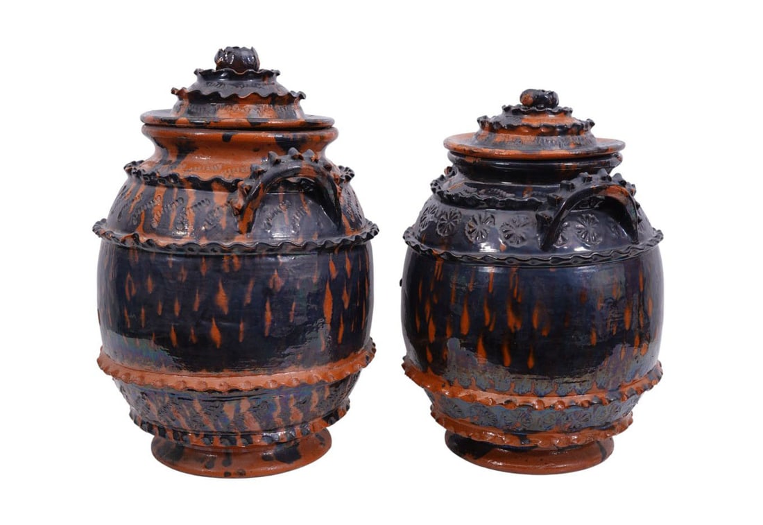 Two Stoneware Crocks With Lids, Ruffle Design With brown Glaze, (15"h x 11"w) (1 of 15)