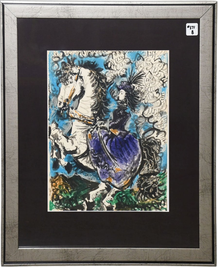 Picasso, Lithograph, Jacqueline riding horse-13-1/2 x 10-1/2 sight, overall framed size 22-1/2 x (1 of 3)