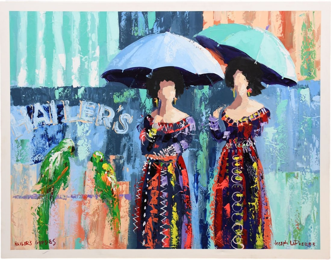 Joseph La Pierre, (American, 20th/21st Century) oil painting on acrylic on canvas ladies with: Joseph La Pierre, (American, 20th/21st Century) oil painting on acrylic on canvas ladies with umbrellas Heller’s gypsies 42 x 54 inches