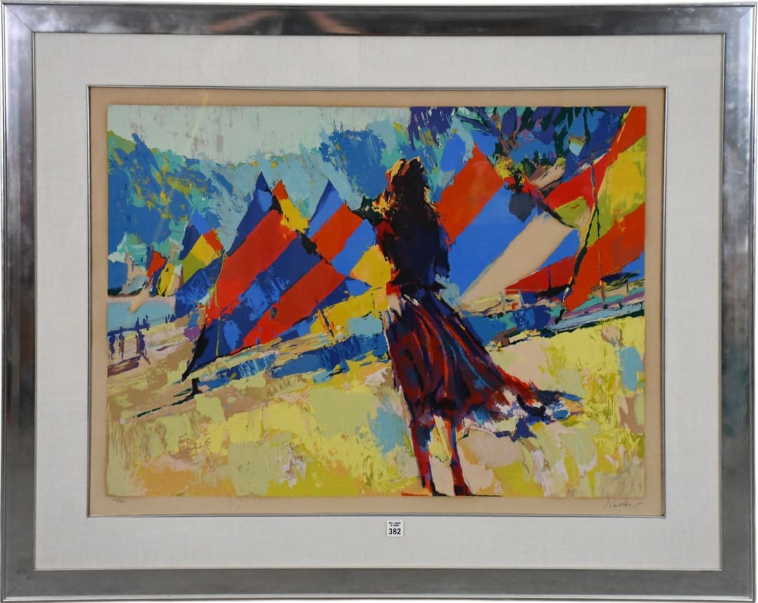 Nicola Simbari (Italian 1927 - 2012) Lithograph- lady and sailboats. 27 x 35 inches. edition (1 of 4)