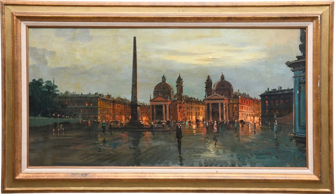 Continental School 20th Century, Piazza del Polo, oil on canvas 24 x 48 inches. overall frame size: Continental School 20th Century, Piazza del Polo, oil on canvas 24 x 48 inches. overall frame size 32 x 56 inches.