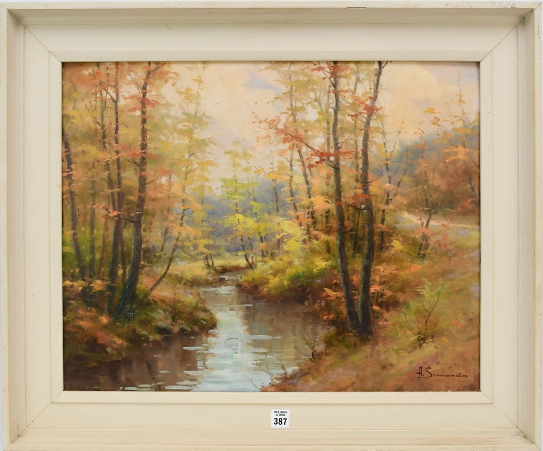 European 20th Century. A. Simorda Fall River Landscape sign lower right oil on board 19 x 24“: European 20th Century. A. Simorda Fall River Landscape sign lower right oil on board 19 x 24“ overall size 25“ x 30“