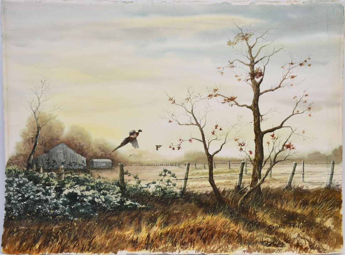 Gerald Petitt (American, 1925-2012) Watercolor on heavy paper, Farm Landscape with pheasant,: Gerald Petitt (American, 1925-2012) Watercolor on heavy paper, Farm Landscape with pheasant, unframed 22“ x 30“