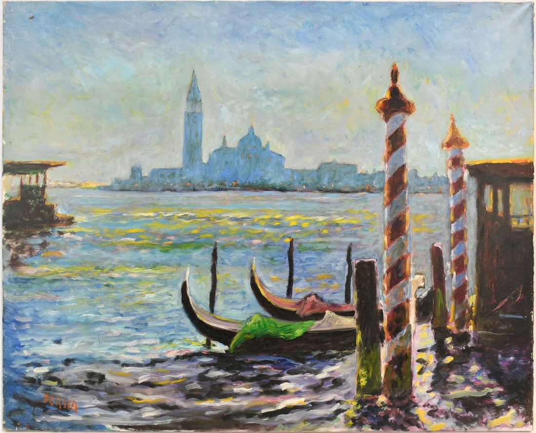 Alfred Persia (France 1933-) oil on canvas, Venetian Scene 25 1/2 x 32 inches. unframed signed lower (1 of 7)